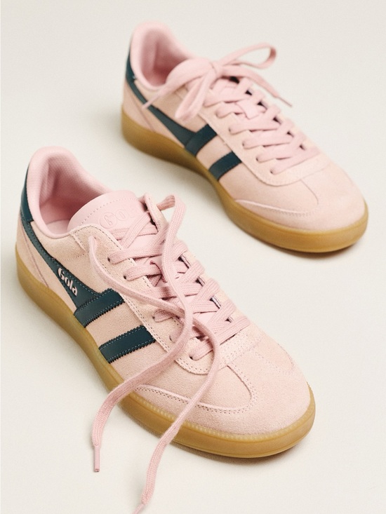 Gola Shoes - Gola Pink Suede Sneakers with Dark Teal Stripes and Gum Sole